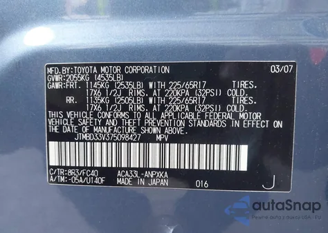 2007 Toyota Rav4 from USA, damaged, VIN JTMBD33V375098427